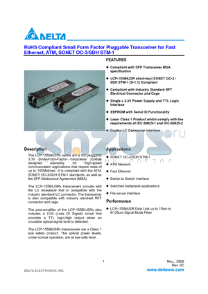 LCP-155B4JSR datasheet - RoHS Compliant Small Form Factor Pluggable Transceiver for Fast Ethernet, ATM, SONET OC-3/SDH STM-1