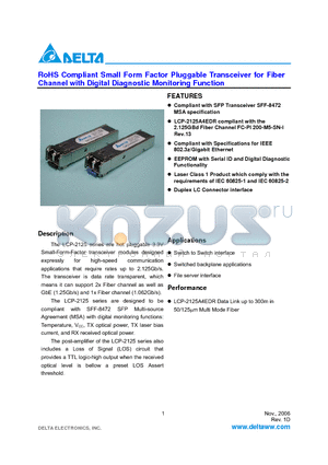 LCP-2125A4EDRH datasheet - RoHS Compliant Small Form Factor Pluggable Transceiver for Fiber Channel with Digital Diagnostic Monitoring Function