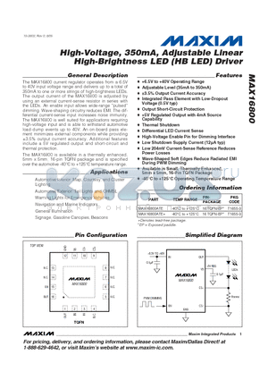 MAX16800ATE datasheet - High-Voltage, 350mA, Adgustable Linear High-Brightness LED (HB LED) Driver