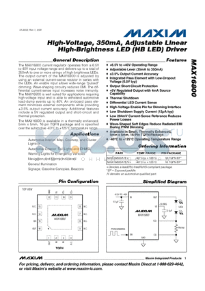 MAX16800ATE+ datasheet - High-Voltage, 350mA, Adjustable Linear High-Brightness LED (HB LED) Driver