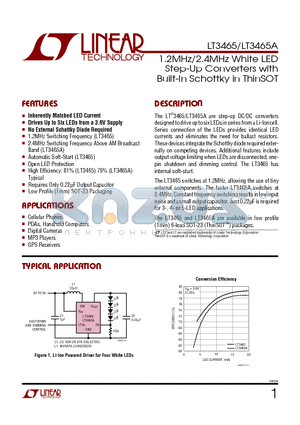 LT3465ES6 datasheet - 1.2MHz/2.4MHz White LED Step-Up Converters with Built-In Schottky in ThinSOT