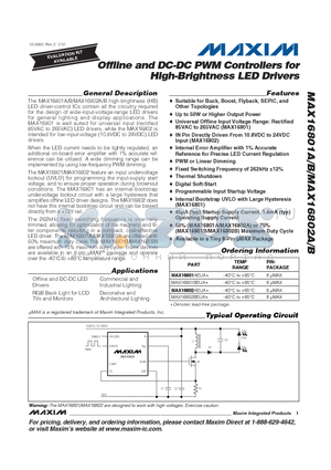 MAX16802BEUA+ datasheet - Offline and DC-DC PWM Controllers for High-Brightness LED Drivers