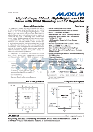 MAX16803 datasheet - High-Voltage, 350mA, High-Brightness LED Driver with PWM Dimming and 5V Regulator