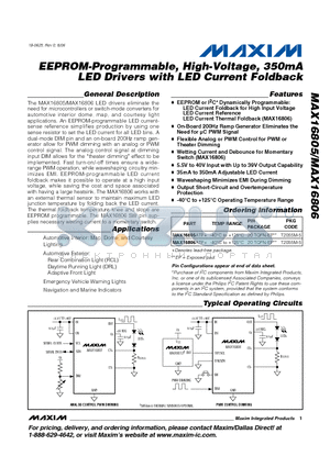 MAX16805 datasheet - EEPROM-Programmable, High-Voltage, 350mA LED Drivers with LED Current Foldback