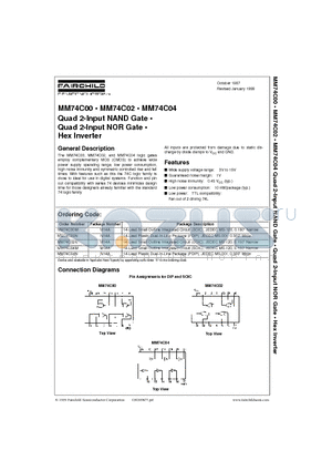 MM74C02 datasheet - Quad 2-Input NAND Gate . Quad 2-Input NOR Gate . Hex Inverter