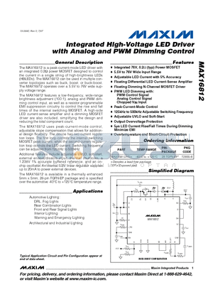 MAX16812ATI+ datasheet - Integrated High-Voltage LED Driver with Analog and PWM Dimming Control