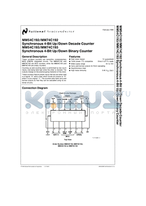 MM74C192N datasheet - Synchronous 4-Bit Up/Down Decade Counter