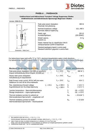 P4KE100 datasheet - Unidirectional and bidirectional Transient Voltage Suppressor Diodes