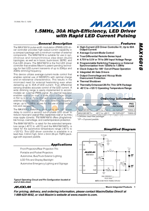 MAX16818ATI+ datasheet - 1.5MHz, 30A High-Efficiency, LED Driver with Rapid LED Current Pulsing