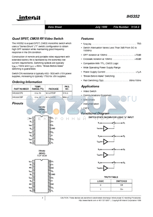 IH5352CBP datasheet - Quad SPST, CMOS RF/Video Switch