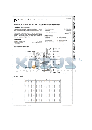 MM74C42N datasheet - BCD-to-Decimal Decoder