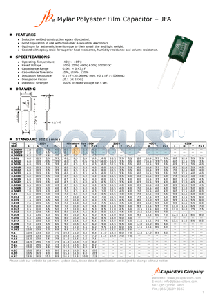 JFA datasheet - Mylar Polyester Film Capacitor