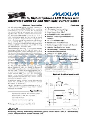MAX16822BASA+ datasheet - 2MHz, High-Brightness LED Drivers with Integrated MOSFET and High-Side Current Sense