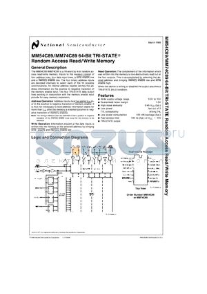 MM74C89 datasheet - 64-Bit TRI-STATE Random Access Read/Write Memory