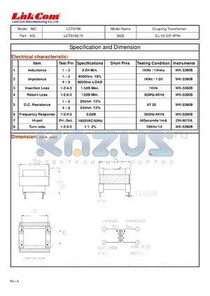 LCT0156-70 datasheet - Coupling Transformer