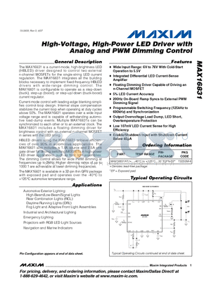 MAX16831ATJ+ datasheet - High-Voltage, High-Power LED Driver with Analog and PWM Dimming Control