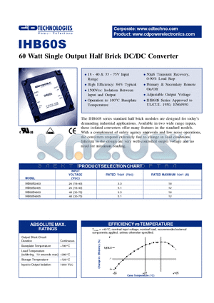 IHB60S datasheet - 60 WATT SINGLE OUTPUT HALF BRICK DC/DC CONVERTER