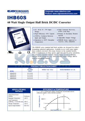 IHB60S2403 datasheet - 60 WATT SINGLE OUTPUT HALF BRICK DC/DC CONVERTER