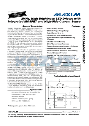 MAX16832CASA+ datasheet - 2MHz, High-Brightness LED Drivers with Integrated MOSFET and High-Side Current Sense