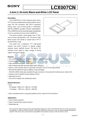 LCX007CN datasheet - 3.4cm (1.35-inch) Black-and-White LCD Panel