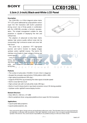 LCX012BL datasheet - 3.3cm (1.3-inch) Black-and-White LCD Panel