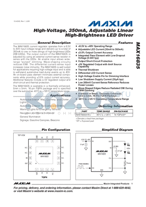 MAX16835ATE datasheet - High-Voltage, 350mA, Adjustable Linear High-Brightness LED Driver