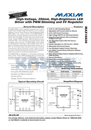 MAX16836 datasheet - High-Voltage, 350mA, High-Brightness LED Driver with PWM Dimming and 5V Regulator