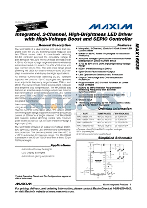 MAX16838ATP datasheet - Integrated, 2-Channel, High-Brightness LED Driver with High-Voltage Boost and SEPIC Controller