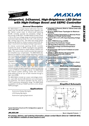 MAX16838ATP datasheet - Integrated, 2-Channel, High-Brightness LED Driver with High-Voltage Boost and SEPIC Controller