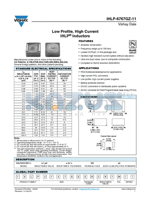 IHLP-6767GZ-11 datasheet - Low Profile, High Current IHLP^ Inductors