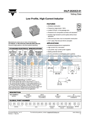 IHLP2525EZER1R0M01 datasheet - Low Profile, High Current Inductor
