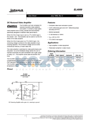 EL4089 datasheet - DC Restored Video Amplifier