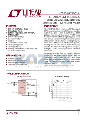 LT3502AEDC-PBF datasheet - 1.1MHz/2.2MHz, 500mA Step-Down Regulators in 2mm  2mm DFN and MS10