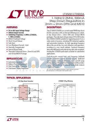 LT3502AEMS-PBF datasheet - 1.1MHz/2.2MHz, 500mA Step-Down Regulators in 2mm  2mm DFN and MS10