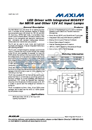 MAX16840 datasheet - LED Driver with Integrated MOSFET for MR16 and Other 12V AC Input Lamps