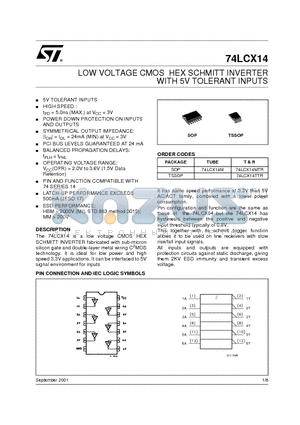 LCX14 datasheet - LOW VOLTAGE CMOS HEX SCHMITT INVERTER WITH 5V TOLERANT INPUTS