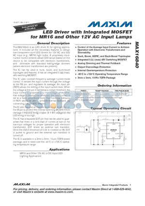 MAX16840ATB+ datasheet - LED Driver with Integrated MOSFET for MR16 and Other 12V AC Input Lamps
