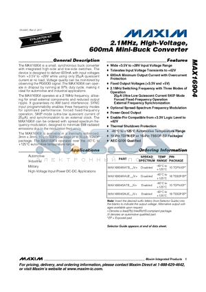 MAX16904SATB datasheet - 2.1MHz, High-Voltage, 600mA Mini-Buck Converter Thermal Shutdown Protection
