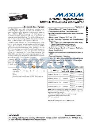 MAX16904 datasheet - 2.1MHz, High-Voltage, 600mA Mini-Buck Converter