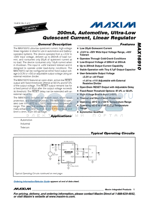 MAX16910CATA9/V+ datasheet - 200mA, Automotive, Ultra-Low Quiescent Current, Linear Regulator