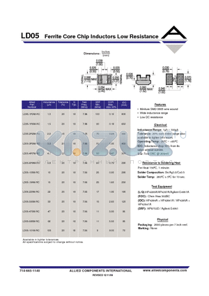 LD05-150M-RC datasheet - Ferrite Core Chip Inductors Low Resistance