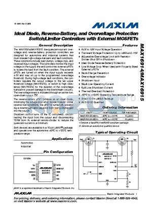 MAX16915 datasheet - Ideal Diode, Reverse-Battery, and Overvoltage Protection Switch/Limiter Controllers with External MOSFETs