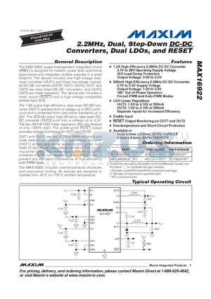 MAX16922ATP_/V+ datasheet - 2.2MHz, Dual, Step-Down DC-DC Converters, Dual LDOs, and RESET