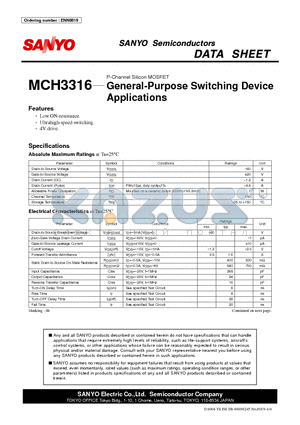 MCH3316 datasheet - P-Channel Silicon MOSFET General-Purpose Switching Device Applications