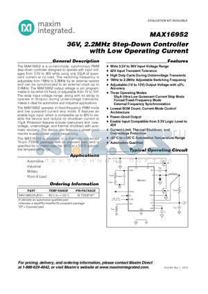 MAX16952 datasheet - 36V, 2.2MHz Step-Down Controller with Low Operating Current