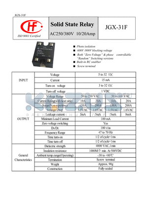 JGX-31F datasheet - AC250/380V 12/20Amp