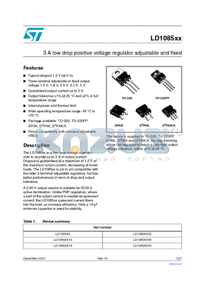 LD1085D2M datasheet - 3 A low drop positive voltage regulator adjustable and fixed