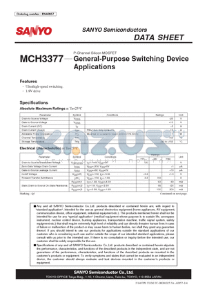 MCH3377 datasheet - P-Channel Silicon MOSFET General-Purpose Switching Device Applications