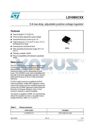 LD1085CXX datasheet - 3 A low-drop, adjustable positive voltage regulator