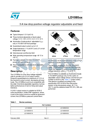 LD1085D2M-R datasheet - 3 A low drop positive voltage regulator adjustable and fixed